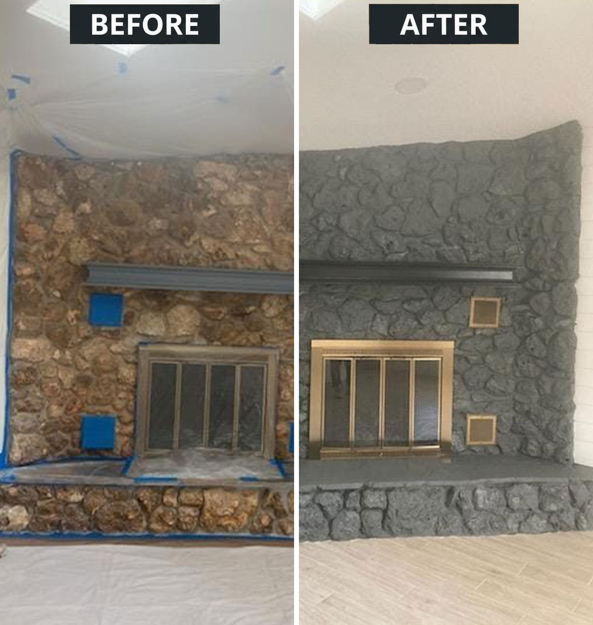 Stone fireplace before and after being painted charcoal grey by TWG Painting Contractors