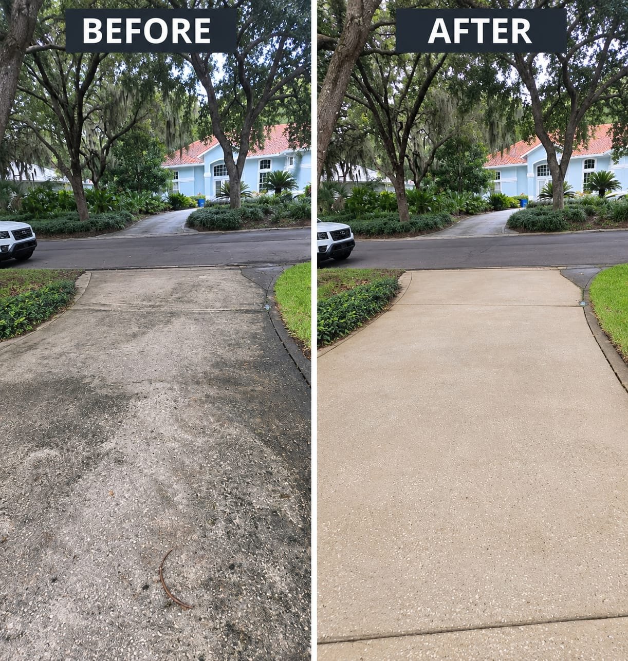 Before and after pressure washing of a mildew-covered concrete driveway by TWG Painting Contractors