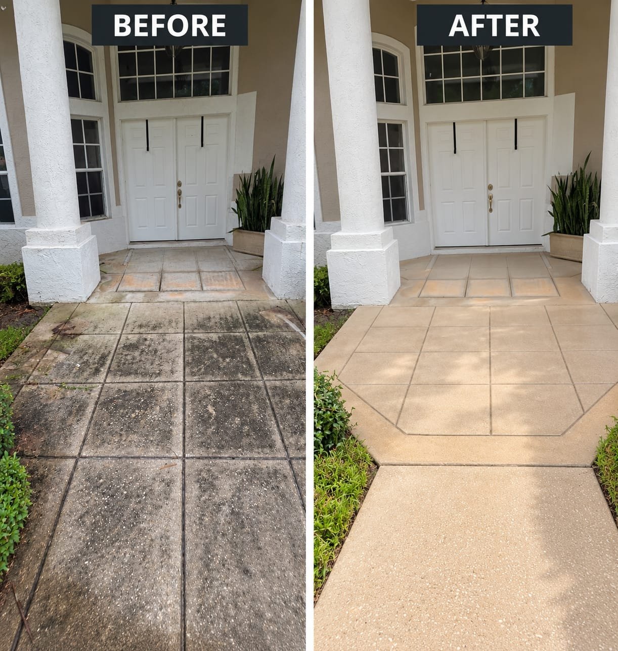 Before and after pressure washing of mold-covered front entry pavers